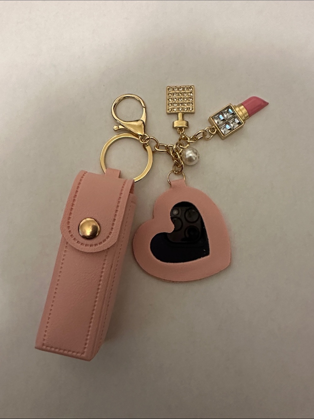 Pink Lipstick Case Charm Keychain with Lipstick and Pearl Accents